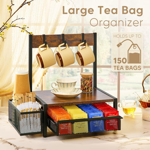 4 Countertop DGWJSU Tea Bag Organizer, Wood Tea Organizer and Storage Cheast, Tea Bag Holder with Storage Drawer, Hooks