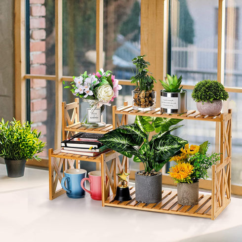 2 Lawei Tier Bamboo Tabletop Plant Stand, Adjustable Flower Pot Holder Shelf Planter Display Stand, Small Desktop