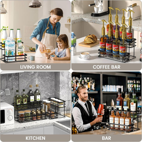 Coffee Syrup Rack Organizer - 2-Tier Stand for 6 Bottles Storage on Kitchen Countertop (Black)