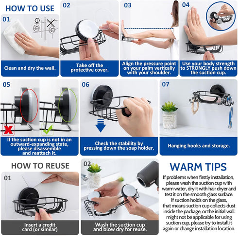 4 Soap Dish, Soap Bar Holder for Shower Suction Cup with Hooks Wall Mounted, Stainless Steel No-Drilling Removable