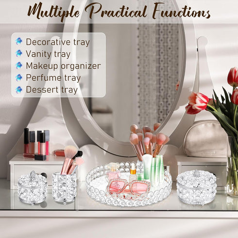 Tioncy 5 Pieces Crystal Makeup Decorative Vanity Tray Set - Mirrored Perfume Holder for Dresser, Jewelry Organizer