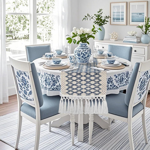 48 Inch, yuboo Blue and White Table Runner Short Boho Woven Coffee Table Runner for Round Table, Coastal Farmhouse