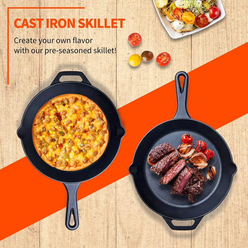 Pre-Seasoned 10 Inch Cast Iron Skillet, Deep Frying Pan with Two Silicone Handles for Stovetop, Induction, Oven