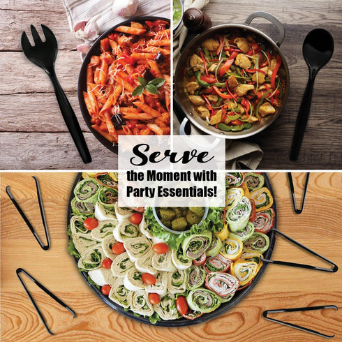 Party Essentials Disposable Heavy Duty Plastic Serving Utensils, 6-Sets of Spoons, Forks, Tongs, Black