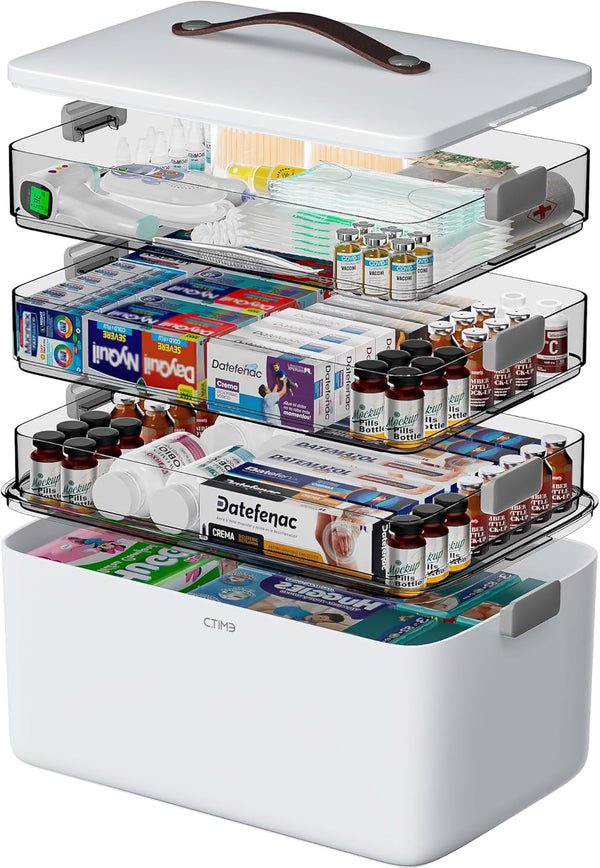 CTIME 4-Tier XL Medicine Organizer - Portable Medicine Cabinet with Leather Handle,