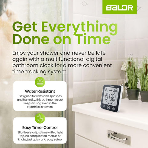 BALDR Digital Shower Clock with Timer - Black, Water-Resistant Countdown Timer Clock for Shower, Bathroom