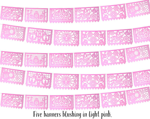 Mexican Banner Flags Light Pink Papel Picado - Over 60 feet Long Pastel Pink Tissue Paper Garland for Weddings,