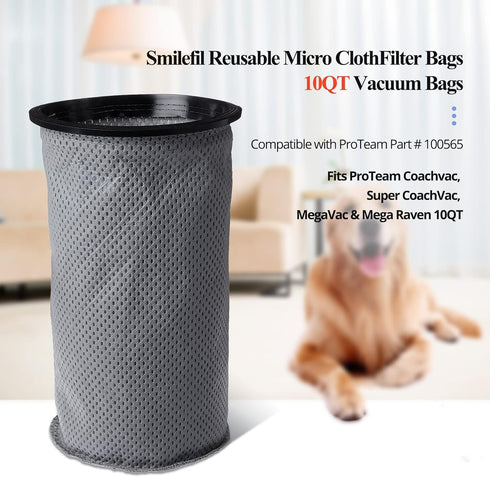 Smilefil Round Reusable Micro Cloth Filter Bags, 10QT Vacuum Bags Compatible with ProTeam Vacuums