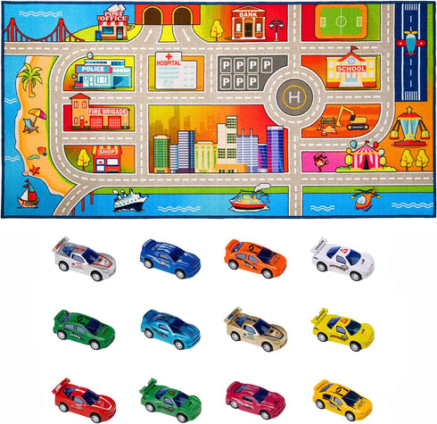 12 3+ Booooom Jackson Kids Carpet Playmat with Toy Cars for Age Colorful Non Slip City Rug for Kids Track Play Mat