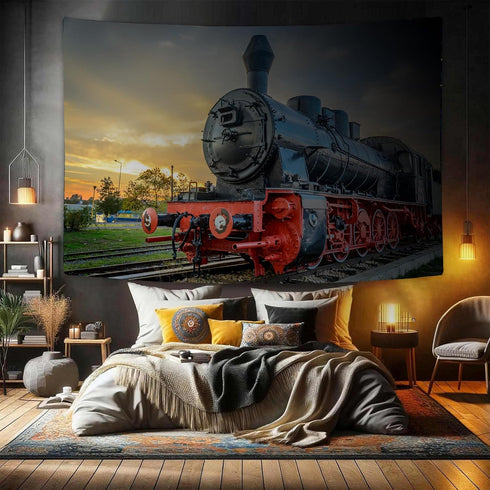 Sunset 71X60 Inches DYNH Steam Train Tapestry, Old Engine Train on Railroad Track Tapestries,Natural Scenery Sunrise