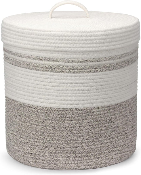Woven Laundry Hamper with Lid, 40L Storage Basket for Living Room, Bedroom, Bathroom, Nursery (Brown and White)