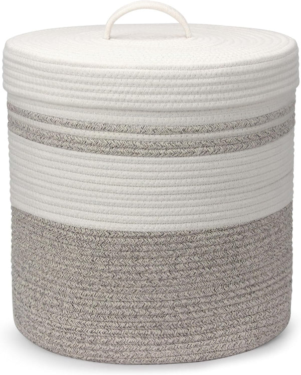 Woven Laundry Hamper with Lid, 40L Storage Basket for Living Room, Bedroom, Bathroom, Nursery (Brown and White)