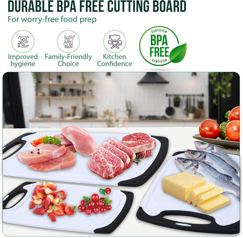 Set 3 Plastic Cutting Boards for Kitchen, with Grips of Dishwasher-Safe, Non Slip Cutting Board with Juice Groove