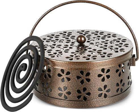 Portable Iron Mosquito Coil Holder with Handle, Round Heat-Resistant Incense Holder (Bronze)