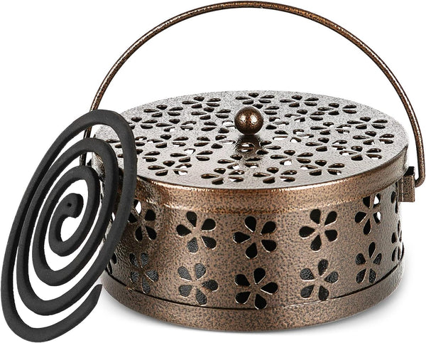 Portable Iron Mosquito Coil Holder with Handle, Round Heat-Resistant Incense Holder (Bronze)