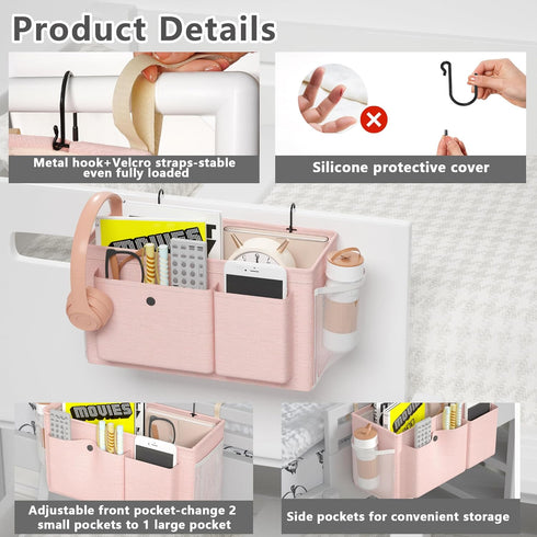 Bedside Caddy Bedside Organizer with Fixed Straps & Water Bottle Holder, Bunk Bed Caddy ideal for Home, Dorm, Hospital