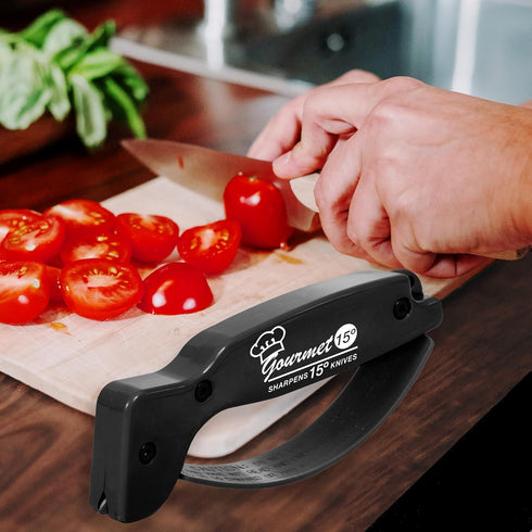 AccuSharp Gourmet Series, 15 Degree Knife Sharpener for Gourmet Knives, Diamond-Honed Tungsten Carbide Reversible Blades, Hones & Refines Straight-Edge or Serrated Gourmet Knives
