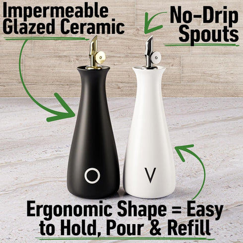 Set 530 ML Set 2 Set Oil and Vinegar Dispenser with Self-Closing Stainless Steel Spouts - Capacity Matte Ceramic Leak