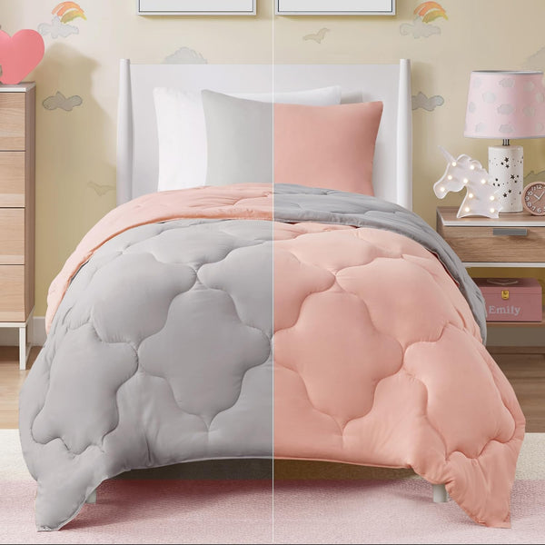 Comfort Spaces Vixie Reversible Comforter Set, Twin/Twin XL 2 Piece, Coral/Gray, Trendy Geometric Quilted Cover