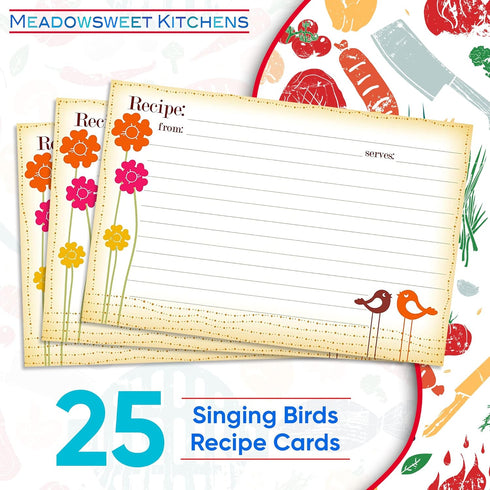 Meadowsweet Kitchens Recipe Card Set - 25 Double Sided 4 x 6 Inch Cards, Singing Birds