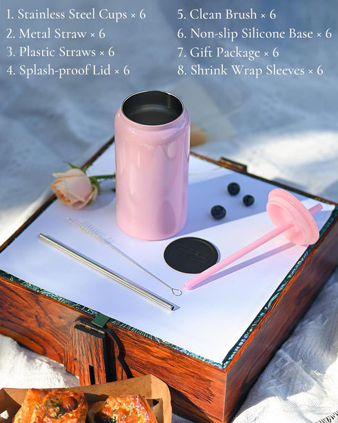 6Pack 16oz Glass Cups with Lids and Straws, Stainless Steels Cups, Beer Cup, Iced Coffee Cups, Smoothie Cup