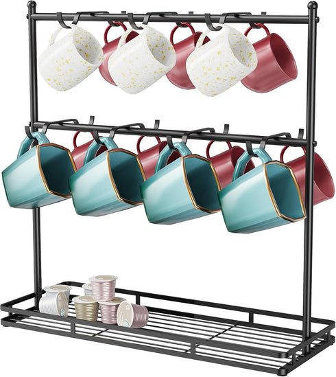 OROPY 14-Hook Coffee Mug Holder for Countertop, 2 Tier Mug Display Stand with Heavy Duty Metal Base