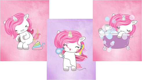 Silly Goose Gifts Magical Unicorn Bathroom Wall Art Decor, Set of Three, Poop Bathtub Blow Dryer Hair