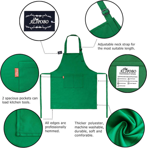 Kids Apron and Chef Hat Set, Adjustable Bib Apron with 2 Pockets, Cute Boys Girls Kitchen Apron (2-5 Year, Green)