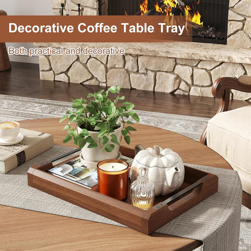 WBKATN 17 Inch Acacia Wood Ottoman Tray for Living Room, Wooden Serving Tray with Metal Handles, Large Serving Trays