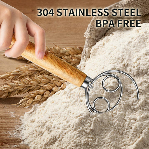 Danish Dough Whisk, Stainless Steel Dough Hook Dutch Whisk for Sourdough Bread, Wooden Handle Mixing Tool