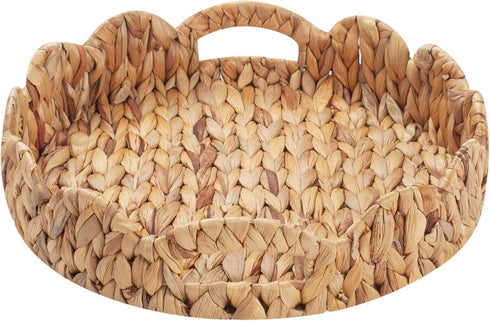 14 inch Yangqihome Round Scalloped Serving Tray, Decorative Water Hyacinth Scalloped Basket with Built-in Handles