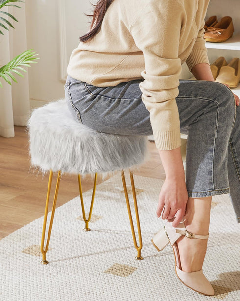 4 LG-32G IBUYKE Faux Fur Vanity Stool Chair, Furry Makeup Stool Ottoman, Soft Padded Seat, Round Footrest Footstools