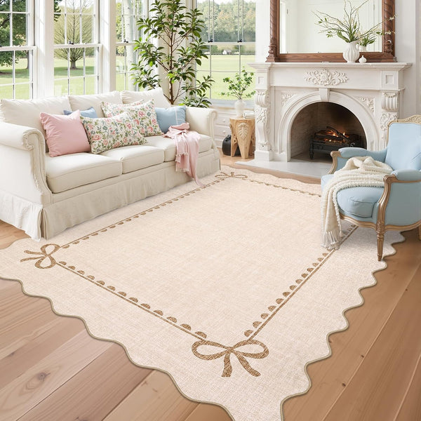 GarveeHome Scalloped Bow Rug for Living Room, Solid Beige Rug for Dorm,
