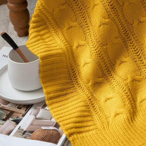 jinchan 50"x60" Cozy Cable Knit Throw Blanket for Couch Lightweight Soft Throw Blanket Mustard Yellow Decorative Throws
