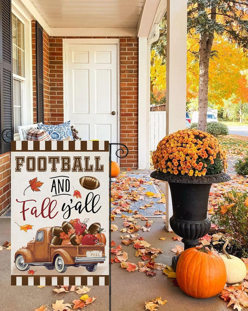 Welcome Thanksgiving Fall Garden Flags - FOOTBALL and Fall Y'all Truck with Maple Leaves, 12x18 Inch Outdoor Decor