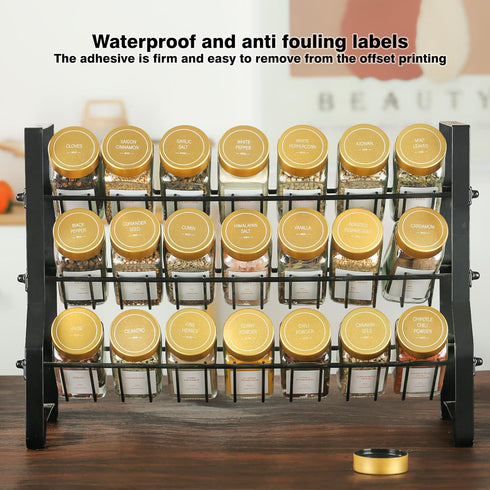 TESUNMU Label4oz CabinetDrawerRack(24) Gold Spice Jars with Seasoning Containers, Glass Spice Bottles with Shaker