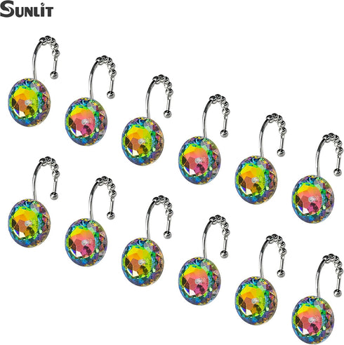 Sunlit Luxury Design Glitter Round Colorful Diamond Crystal Gem Bling Shower Curtain Hooks - Rust Proof Metal