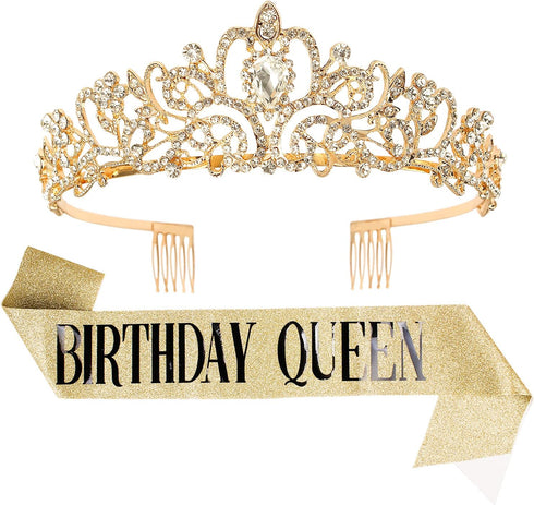 Velscrun Birthday Queen Tiaras Crown for Women, Golden Yellow Rhinestones Birth Crown Headband for 50th Birthday