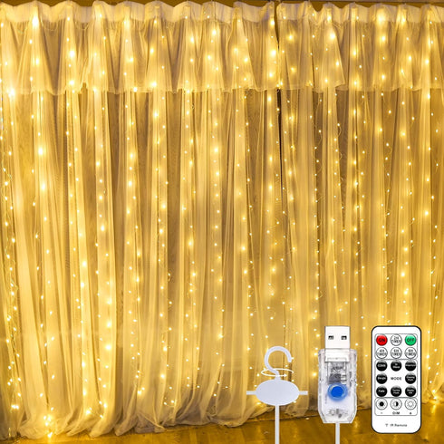 Warm White Curtain Light, 300 LED 9.8ft x 9.8ft Fairy String Light with 16 Hooks, Remote Control for Indoor Decorations