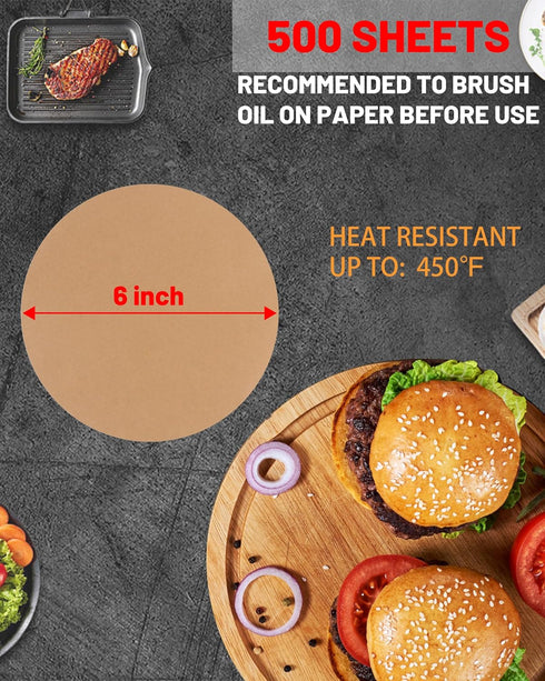 500 Pcs Parchment Paper Baking Sheets Round 6 Inch,Round Cake Pan Parchment liners,Baking Parchment Non-Stick Baking Parchment Paper Circles,Baking Air Fryer Steaming Bread Cup Cake(Brown-6")