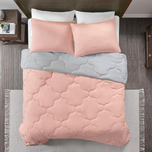 Comfort Spaces Vixie Reversible Comforter Set, Twin/Twin XL 2 Piece, Coral/Gray, Trendy Geometric Quilted Cover