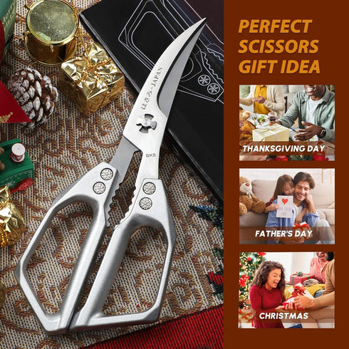 Huusk Seafood Scissors Silver - Stainless Steel Kitchen Shears Dishwasher Safe, Sharp Japanese-Style Kitchen Scissor