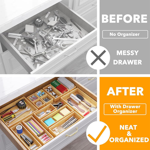 SpaceAid 14-Piece Bamboo Drawer Organizer Storage Boxes Set, Multi-Use Divider Bins for Kitchen, Bathroom, and Office