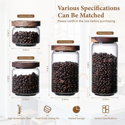 480ML Clear Cute Glass Storage Canister with Stackable Airtight Wood Lid - Decorative Small Container Jar for Kitchen