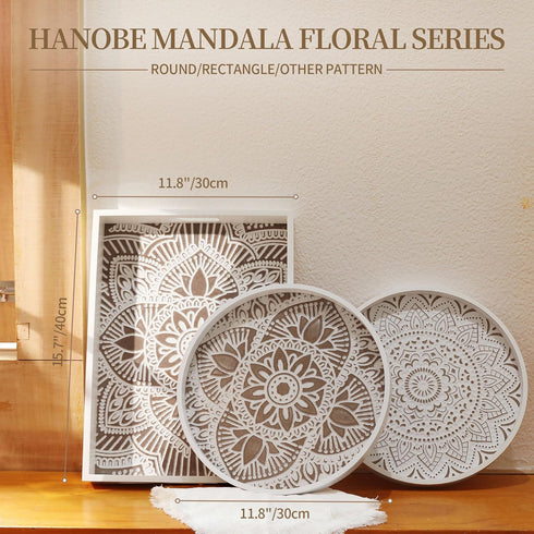 Counter, Decorative Serving Tray with Handles - Hanobe Floral Wooden Coffee Table Trays for Ottoman Centerpiece Decor