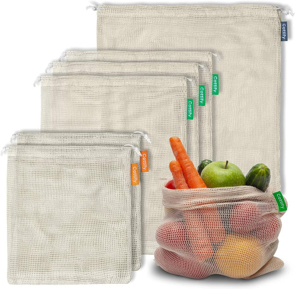 6 Reusable Produce Bags, Organic Cotton Mesh Grocery Bags, Washable, for Vegetables