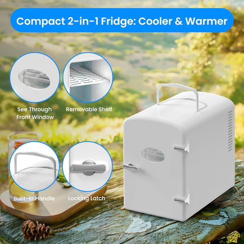 Simple Deluxe 6L Portable Mini Fridge with Observation Window, Warmer and Cooler, 9 Can Capacity, White