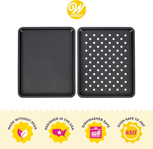 Wilton Perfect Results Toaster Oven Baking Sheet Pan, 2-Piece Crisper Tray Set, Black Steel