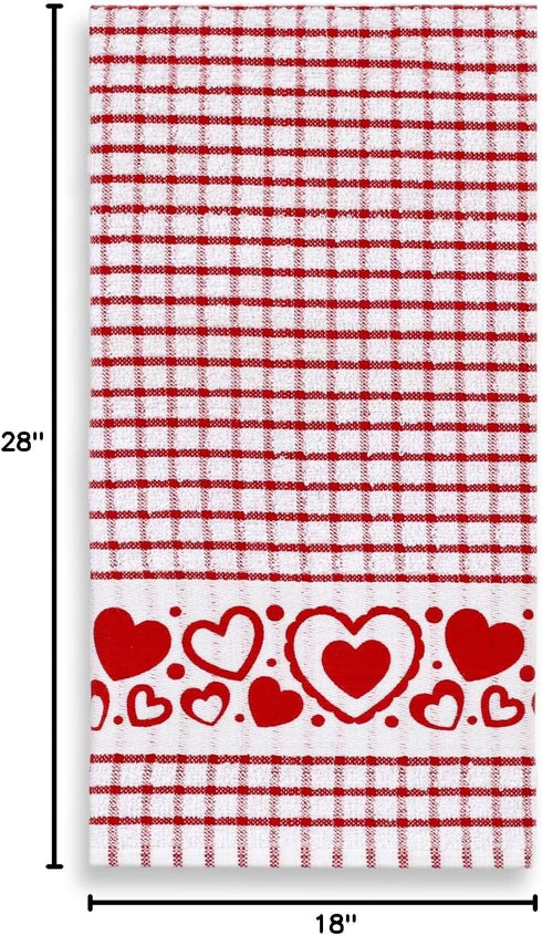 Set 4 Cackleberry Home Bubbly Hearts Windowpane Check Cotton Terrycloth Kitchen Towels