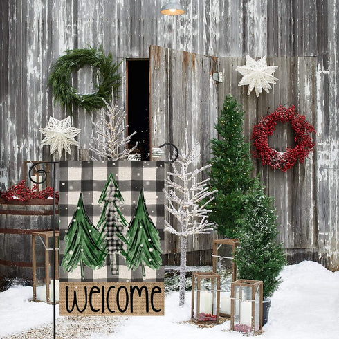 Welcome Christmas Trees Winter Garden Flag - 12 x 18 Inch Vertical Double Sided Buffalo Plaid Holiday Décor